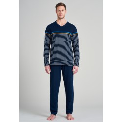 Schiesser pyjama long col V rayures royal - Mode Nuit Schiesser pyjama long col V rayures royal - Mode Nuit