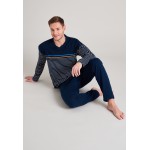 Schiesser pyjama long col V rayures royal - Mode Nuit