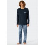 Schiesser pyjama long col V carreaux bleu foncé - Comfort Fit