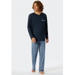 Schiesser pyjama long col V carreaux bleu foncé - Comfort Fit