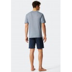 Schiesser pyjama court patte de boutonnage rayé inscription bleu/bleu foncé - Fashion Nightwear