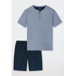 Schiesser pyjama court patte de boutonnage rayé inscription bleu/bleu foncé - Fashion Nightwear
