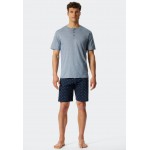 Schiesser pyjama court patte de boutonnage rayé inscription bleu/bleu foncé - Fashion Nightwear