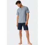 Schiesser pyjama court patte de boutonnage rayé inscription bleu/bleu foncé - Fashion Nightwear