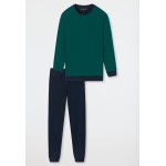Schiesser pyjama long encolure arrondie bords-côtes motifs vert foncé/bleu foncé - Essentials Nightwear