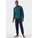 Schiesser pyjama long encolure arrondie bords-côtes motifs vert foncé/bleu foncé - Essentials Nightwear