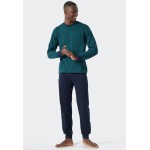 Schiesser pyjama long encolure arrondie bords-côtes motifs vert foncé/bleu foncé - Essentials Nightwear