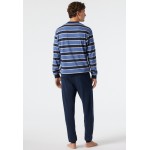 Schiesser pyjama long encolure ronde bords-côtes rayés bleu jean/bleu foncé - Comfort Fit