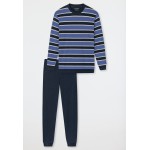 Schiesser pyjama long encolure ronde bords-côtes rayés bleu jean/bleu foncé - Comfort Fit