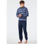 Schiesser pyjama long encolure ronde bords-côtes rayés bleu jean/bleu foncé - Comfort Fit