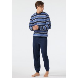 Schiesser pyjama long encolure ronde bords-côtes rayés bleu jean/bleu foncé - Comfort Fit Schiesser pyjama long encolure ronde bords-côtes rayés bleu jean/bleu foncé - Comfort Fit