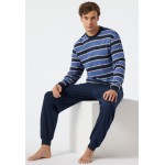 Schiesser pyjama long encolure ronde bords-côtes rayés bleu jean/bleu foncé - Comfort Fit
